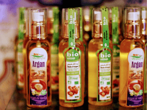 Colorful bottles of argan oil
