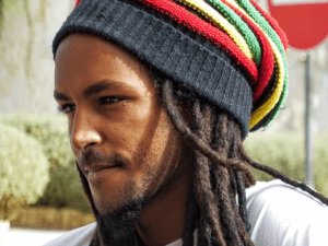 man wearing colorful beanie