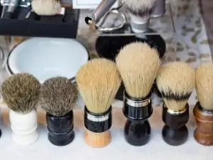 a row of shaving brushes