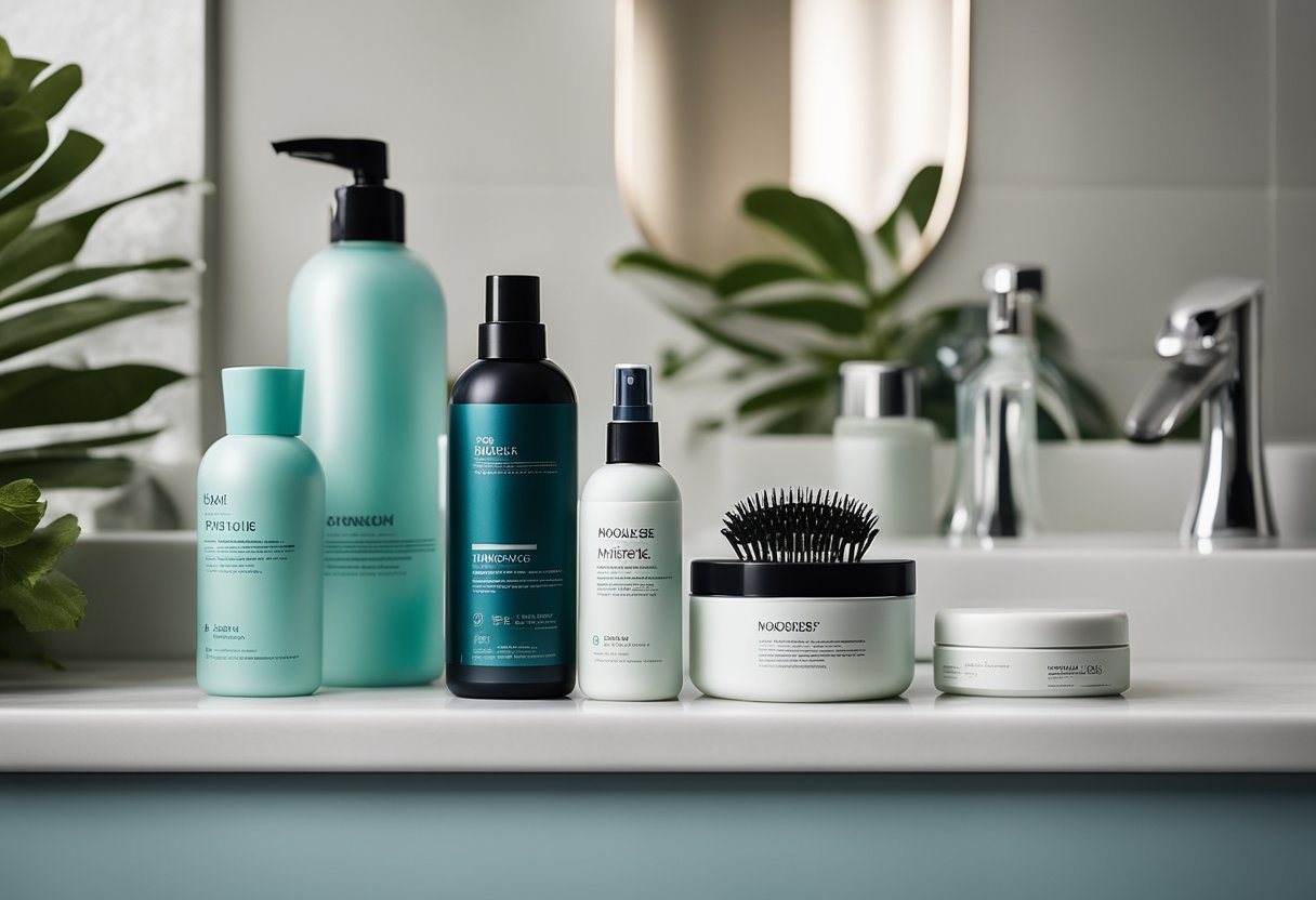 Hair products arranged neatly on a bathroom counter, with a comb and hairbrush nearby. A bottle of hairspray and a can of mousse are prominently displayed