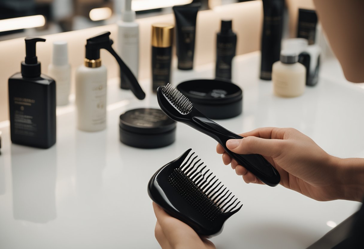 A hand holding various styling products next to a comb and a slicked-back hairstyle on a mannequin head